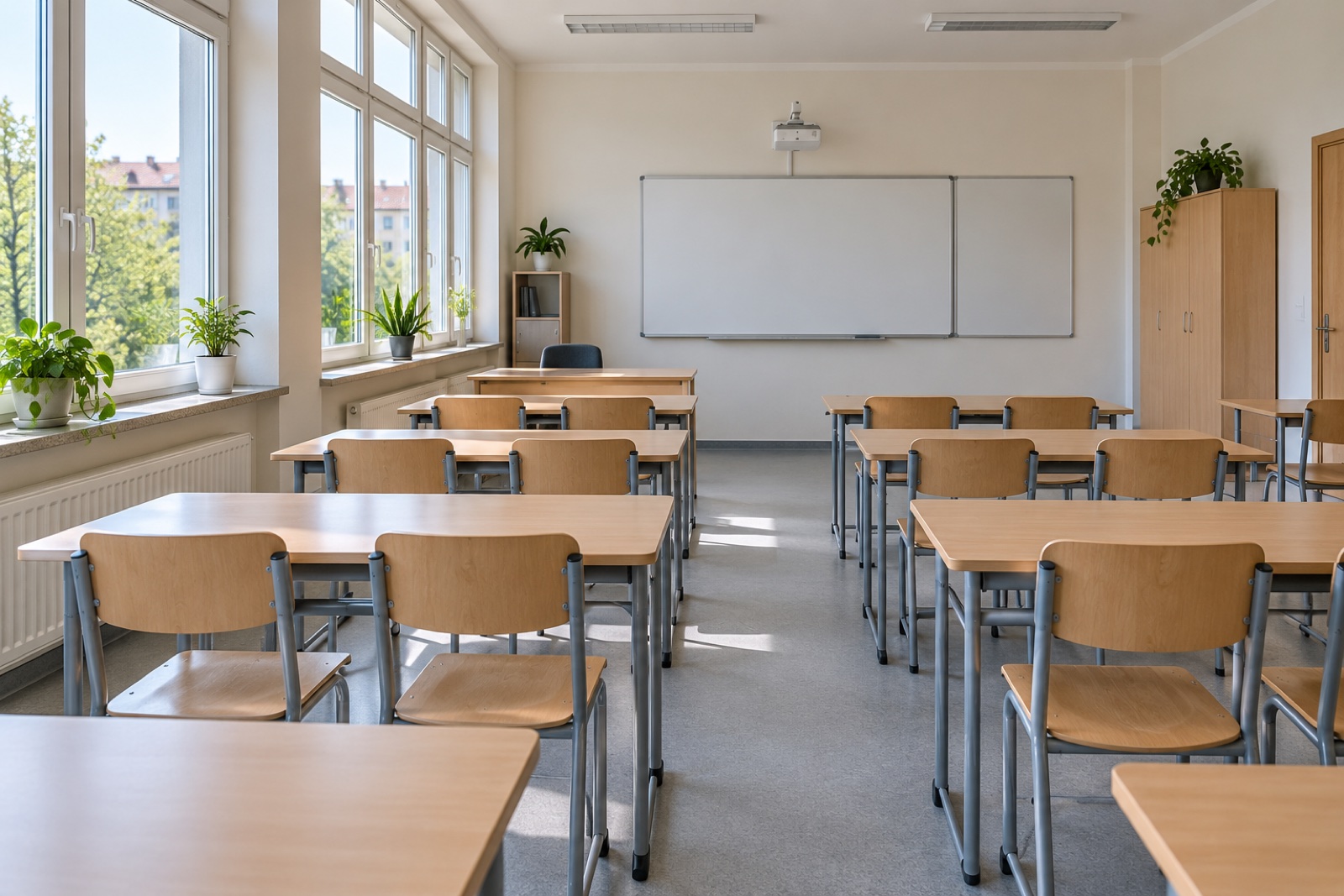 Ławki i krzesła szkolne w sali lekcyjnej